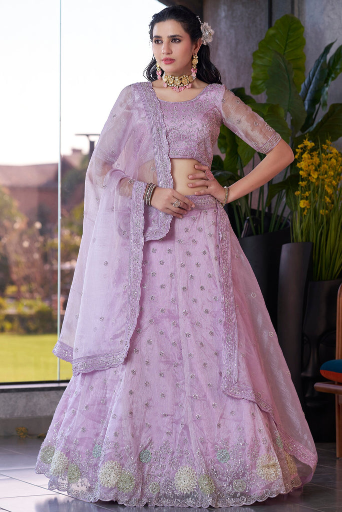 Fabulous Lavender Jarkan Work Organza Designer Lehenga Choli