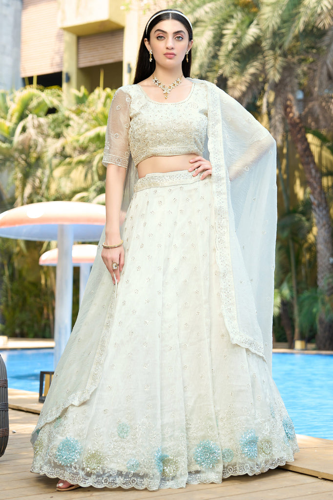Stunning White Thread Embroidery Organza Bridesmaid Lehenga Choli