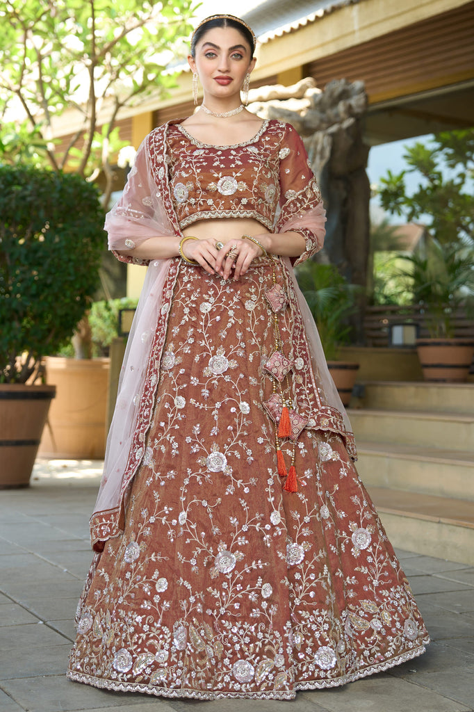 Amazing Brown Sequins Tissue Silk Wedding Wear Lehenga Choli