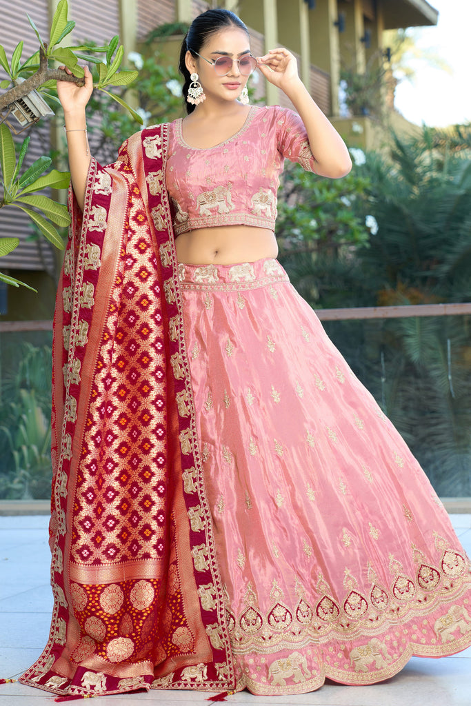 Fantastic Pink Embroidered Viscose Reception Wear Lehenga With Blouse