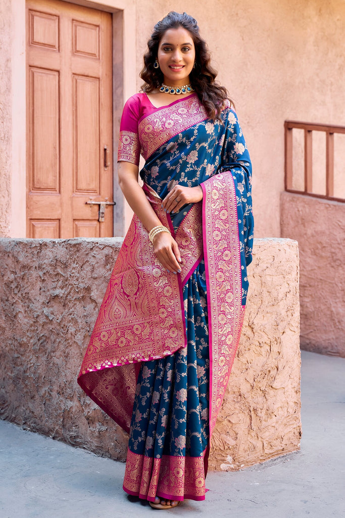 Beautiful Navy-Blue Zari Weaving Silk Traditional Saree With Blouse