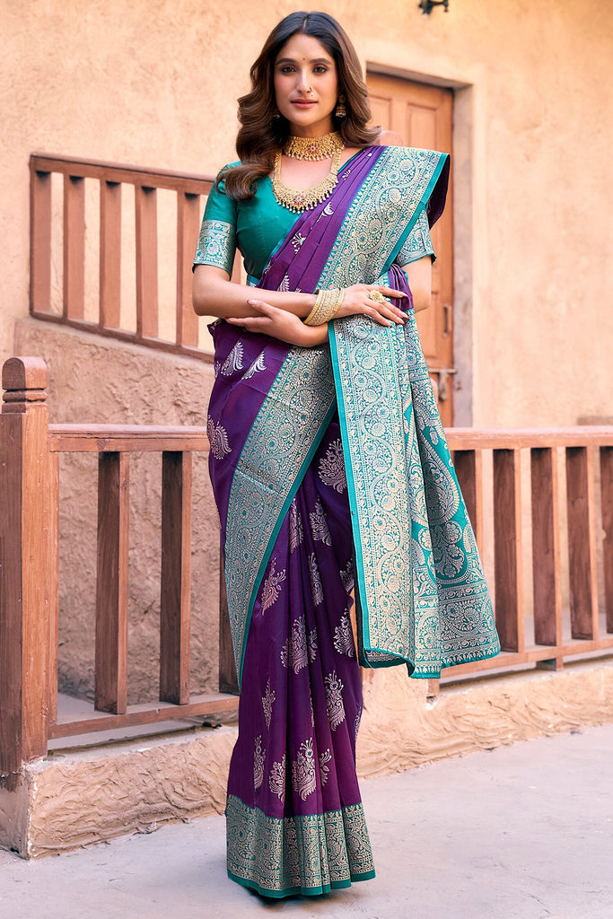 Ravishing Purple Zari Weaving Silk Event Wear Saree With Blouse
