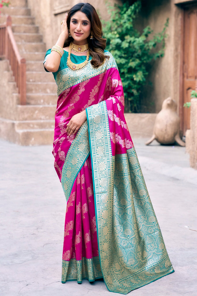Glamorous Magenta Zari Weaving Silk Function Wear Saree With Blouse
