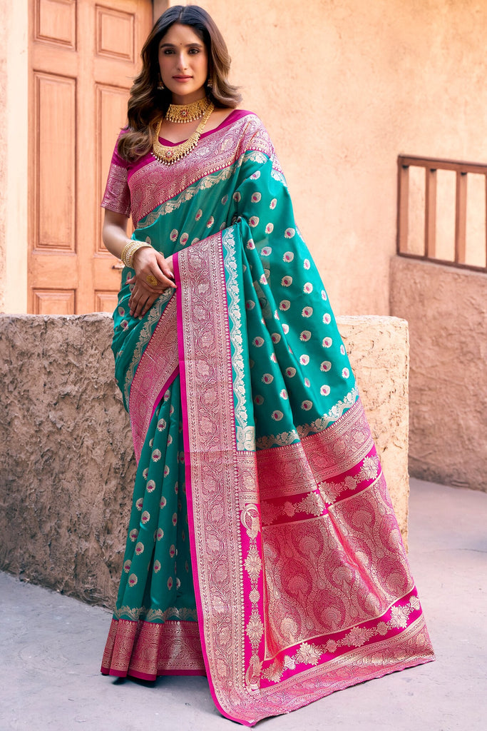 Dazzling Teal-Blue Zari Weaving Silk Function Wear Saree With Blouse