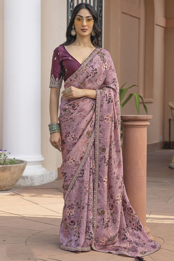 Stylish Dusty Pink Floral Printed Silk Festival Wear Saree With Blouse