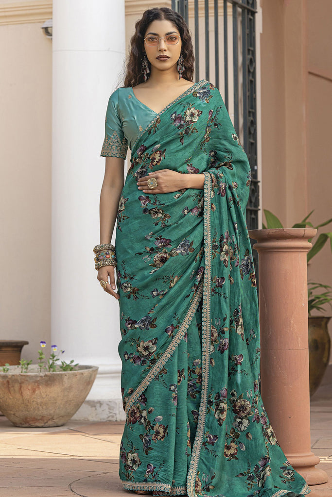Mesmerizing Green Floral Printed Silk Classic Saree With Blouse