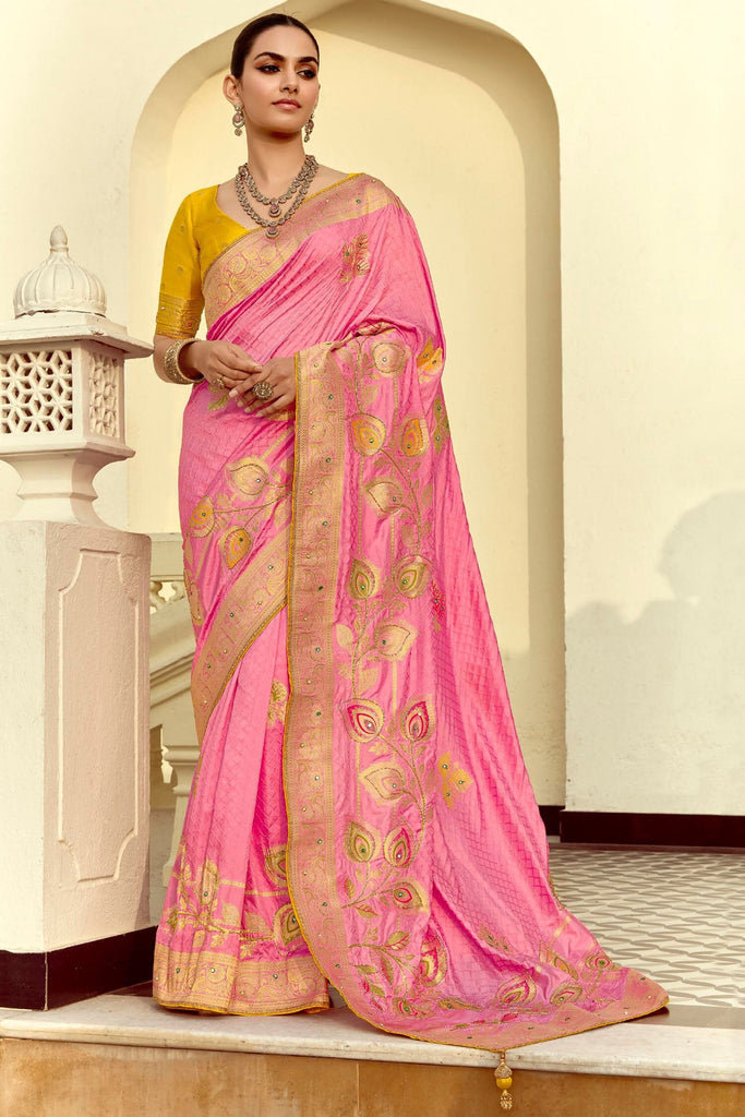 Ravishing Pink Zari Weaving Silk Function Wear Saree With Blouse