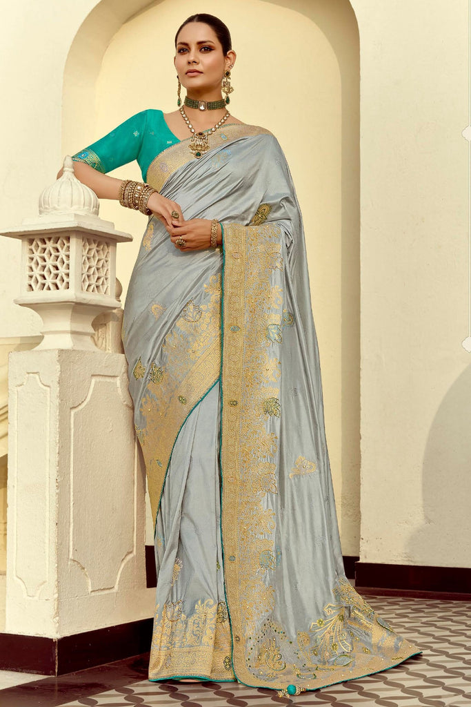Incredible Grey Zari Weaving Silk Function Wear Saree With Blouse