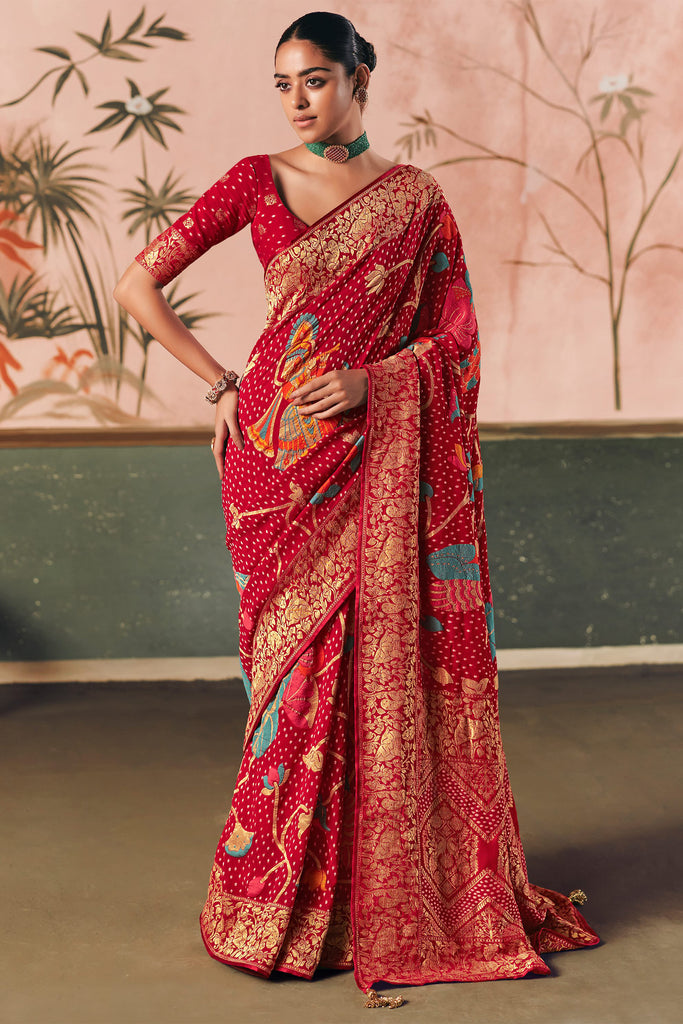 Wonderful Red Zari Weaving Silk Bridal Wear Saree With Blouse