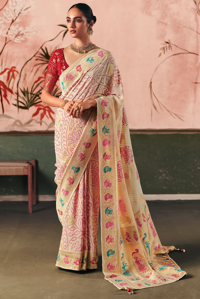 Adorable Cream Weaving Work Silk Traditional Saree With Blouse