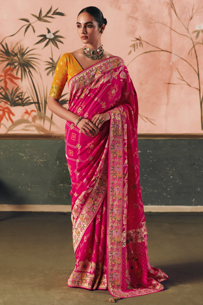 Precious Pink Zari Weaving Silk Festival Wear Saree With Blouse