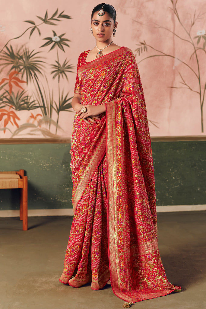 Attractive Red Zari Weaving Silk Wedding Wear Saree With Blouse