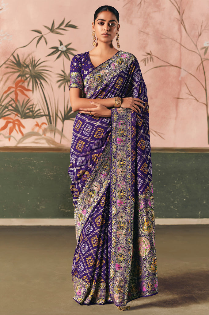 Astonishing Purple Weaving Work Silk Function Wear Saree With Blouse