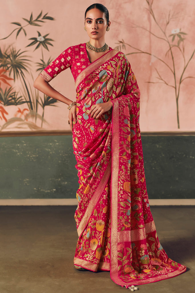 Fantastic Rani Pink Zari Weaving Silk Bridal Wear Saree With Blouse