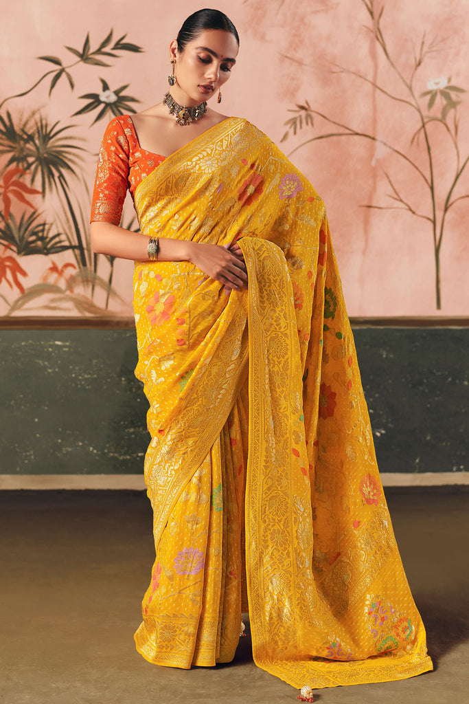 Enchanting Yellow Zari Weaving Silk Haldi Wear Saree With Blouse