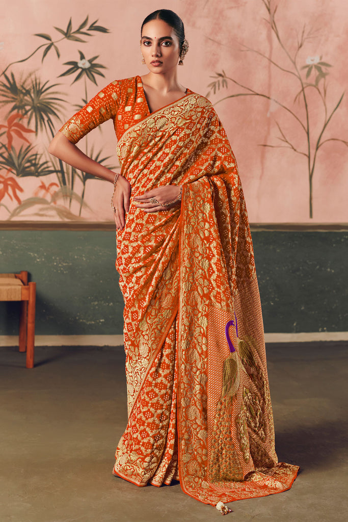 Charming Orange Zari Weaving Silk Function Wear Saree With Blouse