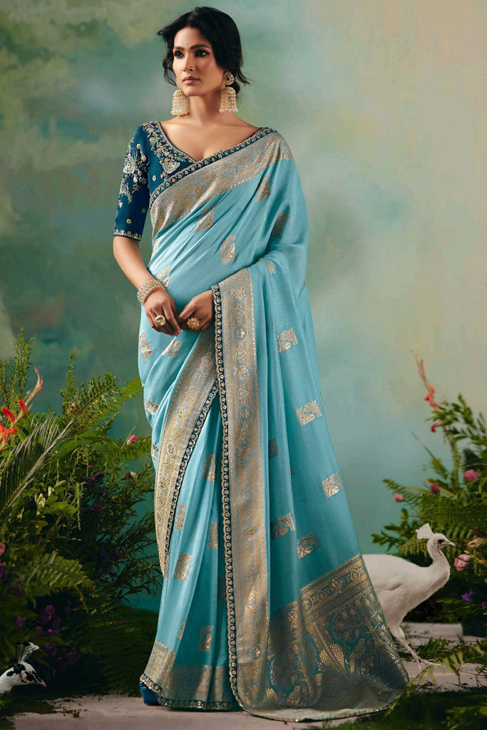 Charming Sky-Blue Hand Work Tissue Festival Wear Saree With Blouse