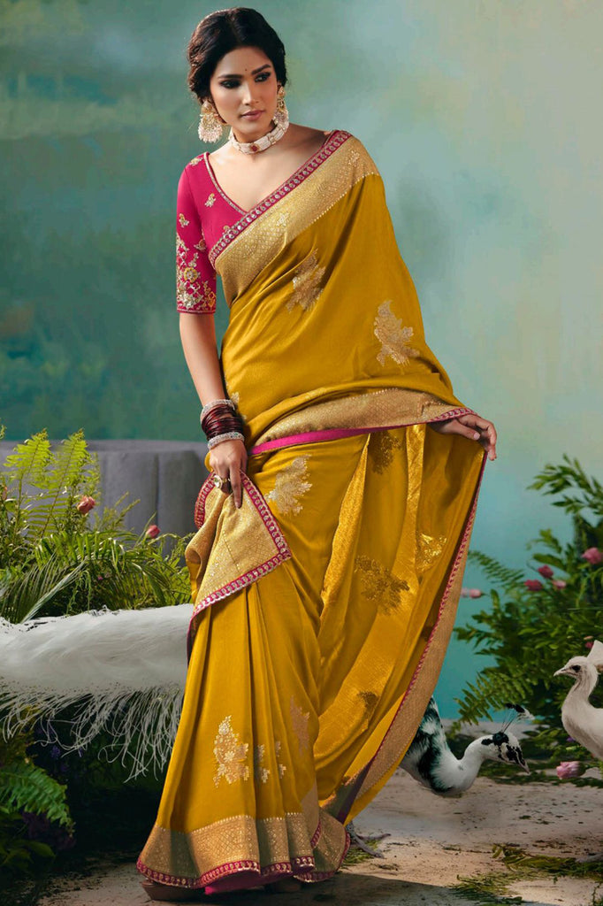 Marvelous Mustard Yellow Pearl Work Tissue Traditional Saree With Blouse