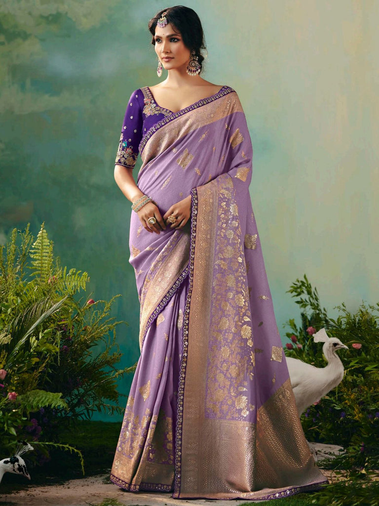 Enchanting Lavender Zari Weaving Tissue Festival Wear Saree With Blouse