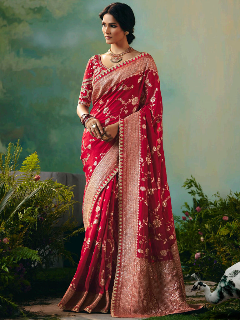 Alluring Red Hand Embroidered Tissue Wedding Saree With Blouse