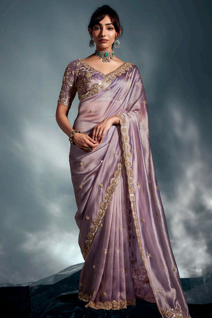 Graceful Lavender Embroidered Organza Engagement Wear Saree With Blouse