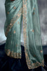 Spectacular Sky-Blue Embroidered Organza Reception Wear Saree With Blouse