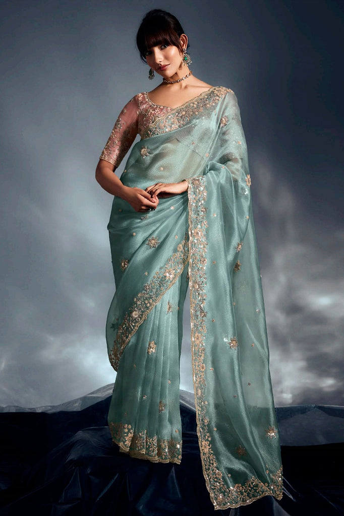 Spectacular Sky-Blue Embroidered Organza Reception Wear Saree With Blouse