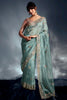 Spectacular Sky-Blue Embroidered Organza Reception Wear Saree With Blouse