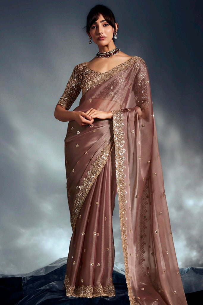 Precious Brown Khatli Work Organza Party Wear Saree With Blouse