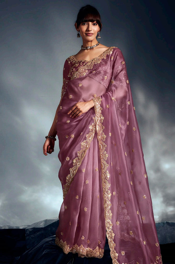 Mesmerizing Lilac Lace Work Organza Reception Wear Saree With Blouse