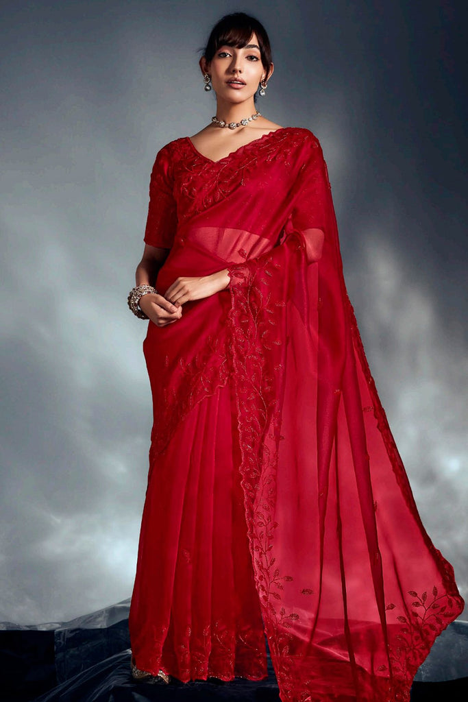 Alluring Red Cut Dana Work Organza Reception Wear Saree With Blouse