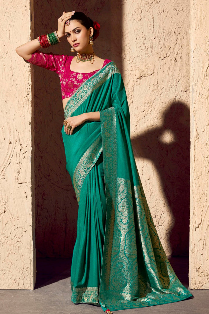 Amazing Green Zari Weaving Georgette Traditional Saree With Blouse