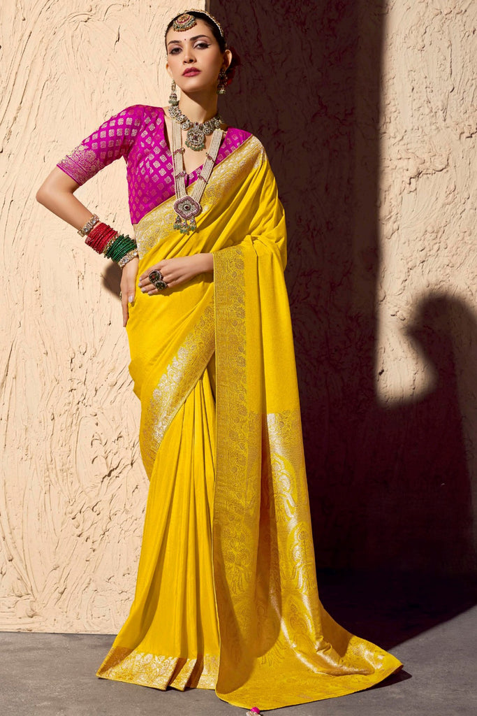 Graceful Yellow Zari Weaving Georgette Festival Wear Saree With Blouse