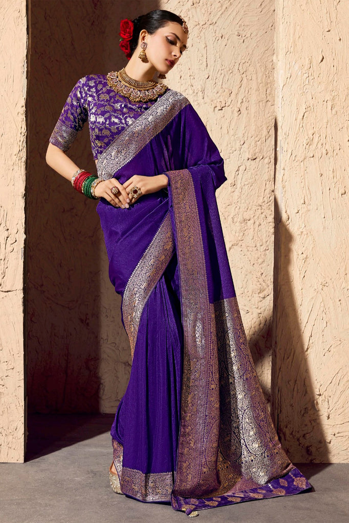 Lovable Purple Zari Weaving Georgette Wedding Wear Saree With Blouse