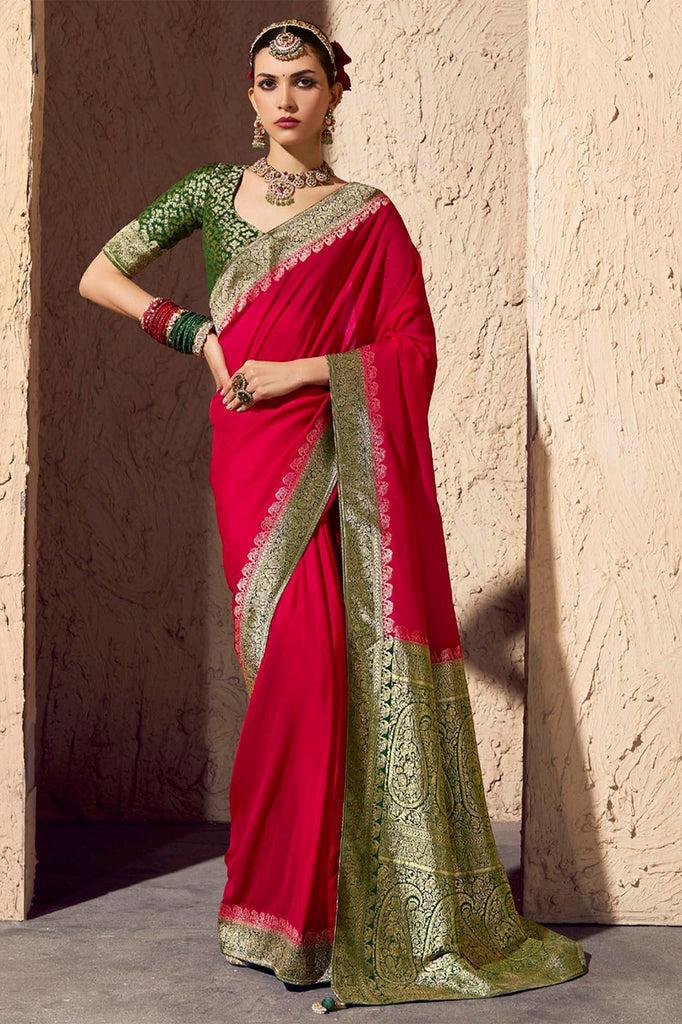 Outstanding Red Zari Weaving Georgette Festival Wear Saree With Blouse