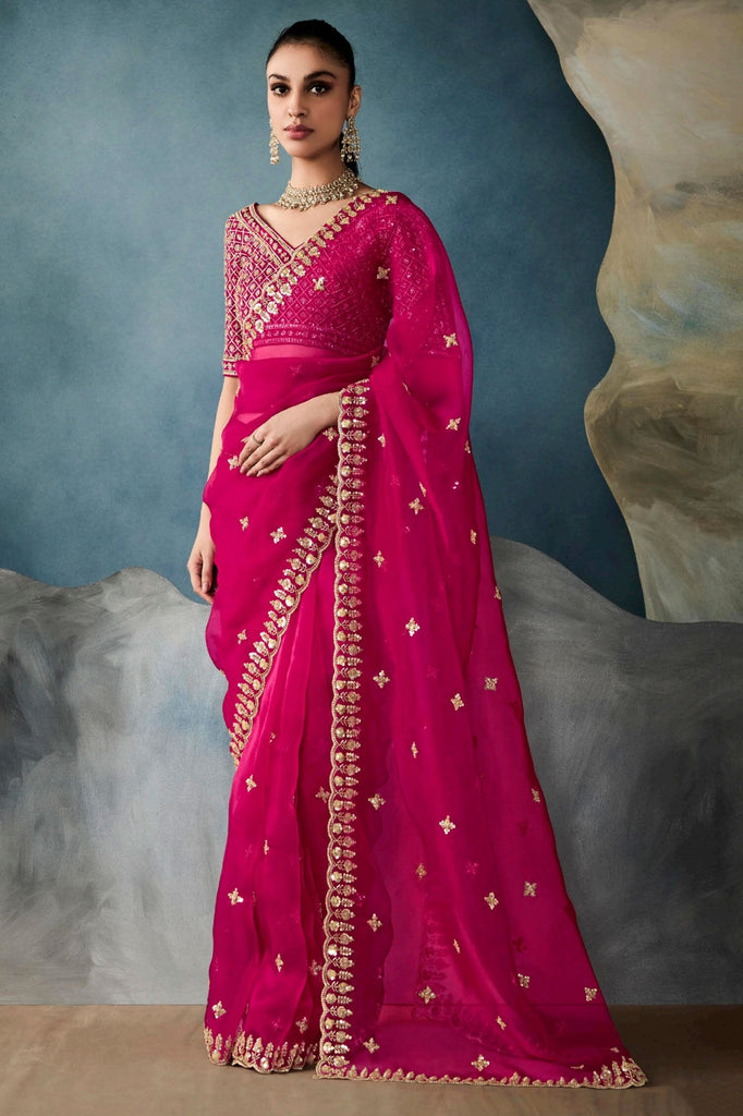 Awesome Pink Border Work Tissue Silk Wedding Wear Saree With Blouse