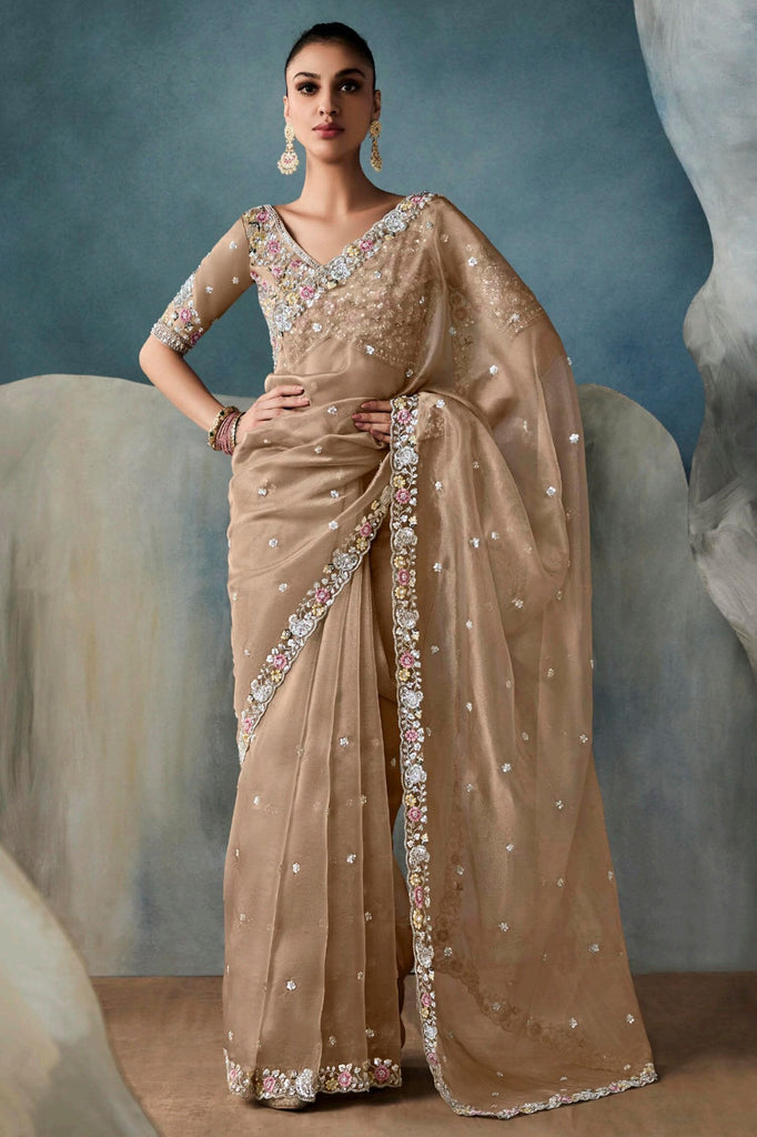 Dazzling Light Brown Hand Work Tissue Silk Wedding Wear Saree