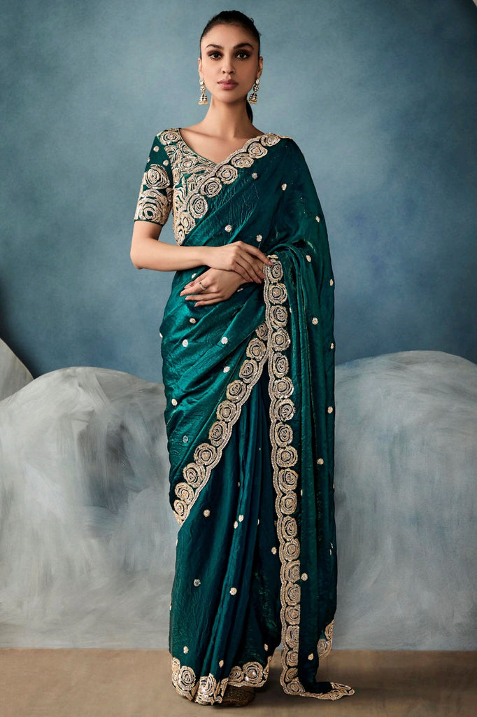 Wonderful Teal-Green Sequins Work Tissue Silk Event Wear Saree