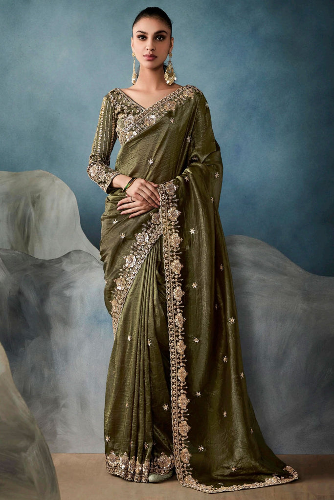 Alluring Olive Green Heavy Border Work Tissue Silk Mehendi Wear Saree