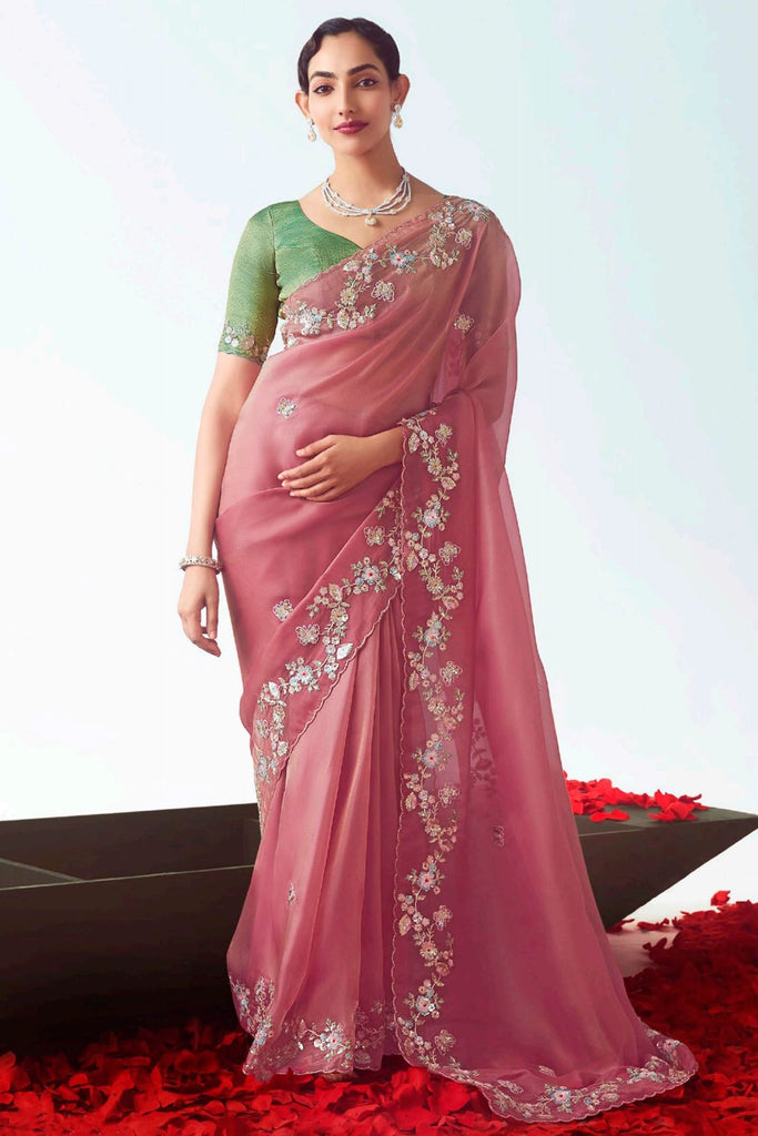 Stunning Peach Embroidery Organza Party Wear Saree With Blouse
