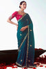 Tantalizing Teal Blue Floral Embroidered Organza Wedding Wear Saree