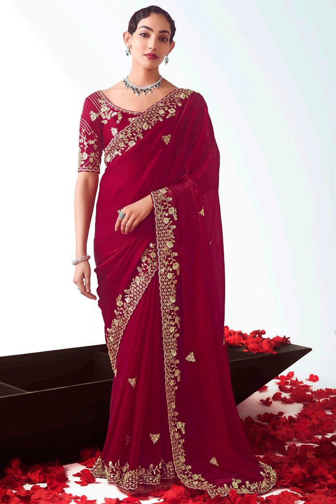 Stylish Maroon Embroidery Organza Wedding Saree With Blouse
