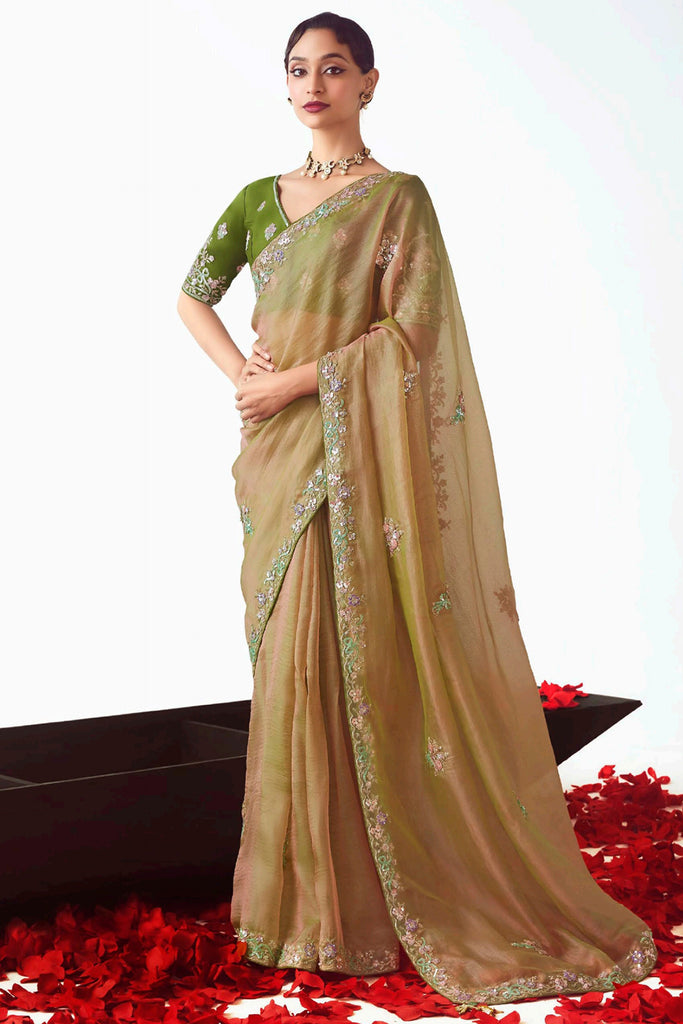 Alluring Brown Embroidered Organza Party Wear Saree With Blouse