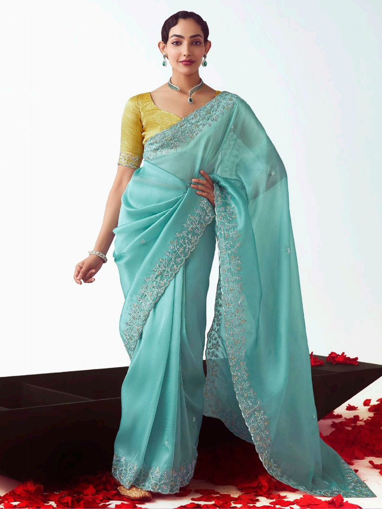 Bewitching Sky-Blue Border Work Organza Reception Wear Saree