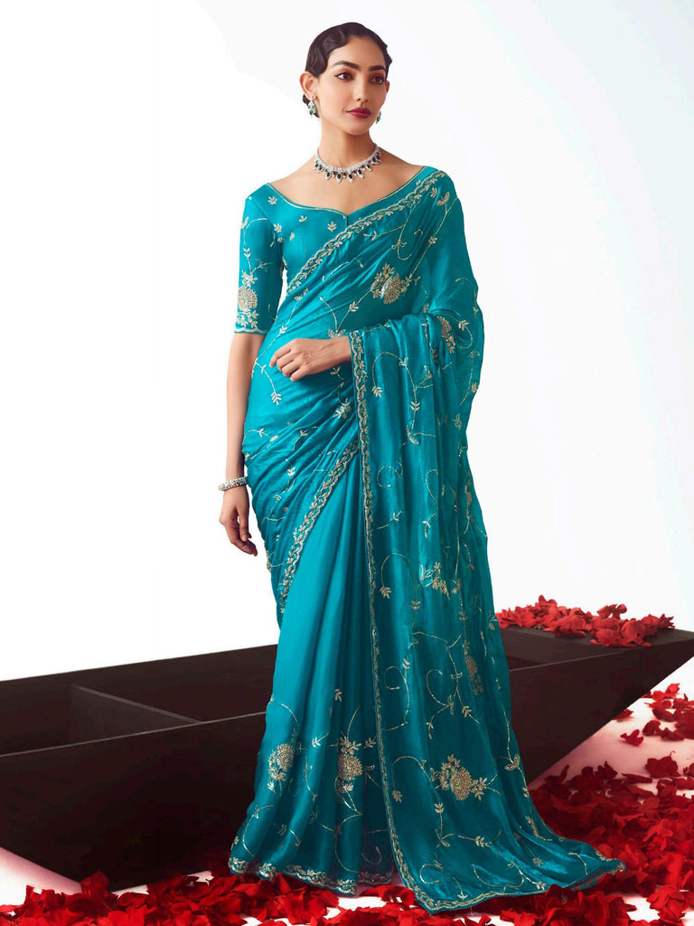 Outstanding Turquoise Embroidery Organza Saree With Blouse