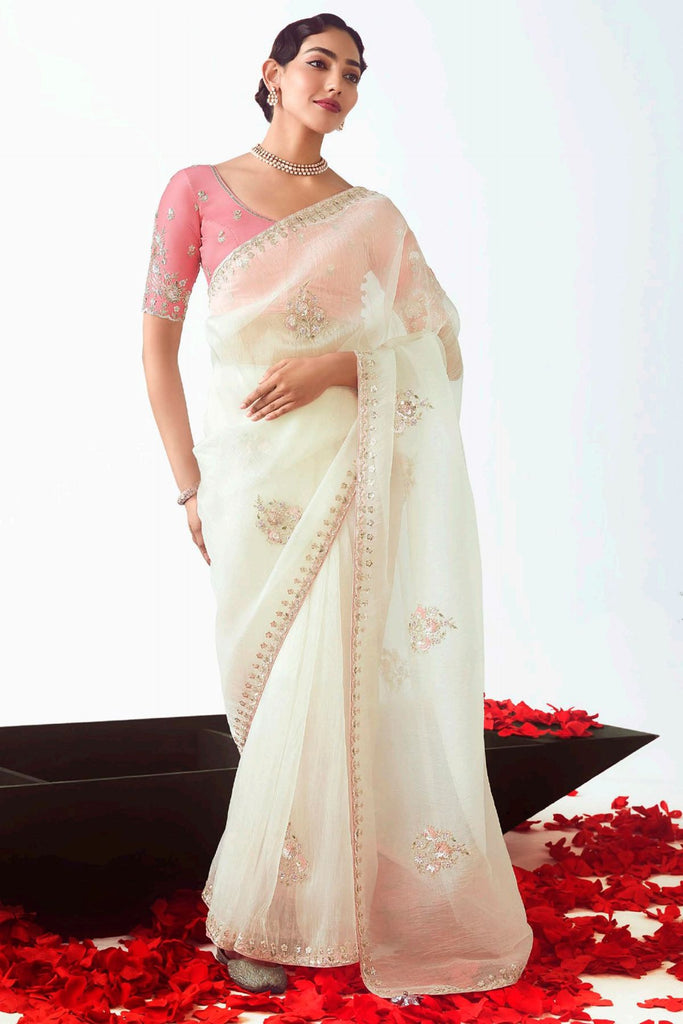 Wonderful White Border Work Organza Reception Wear Saree With Blouse