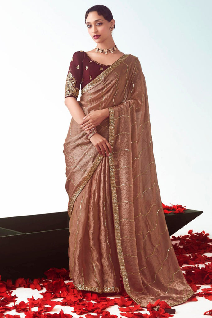 Attractive Brown Border Work Organza Wedding Wear Saree With Blouse
