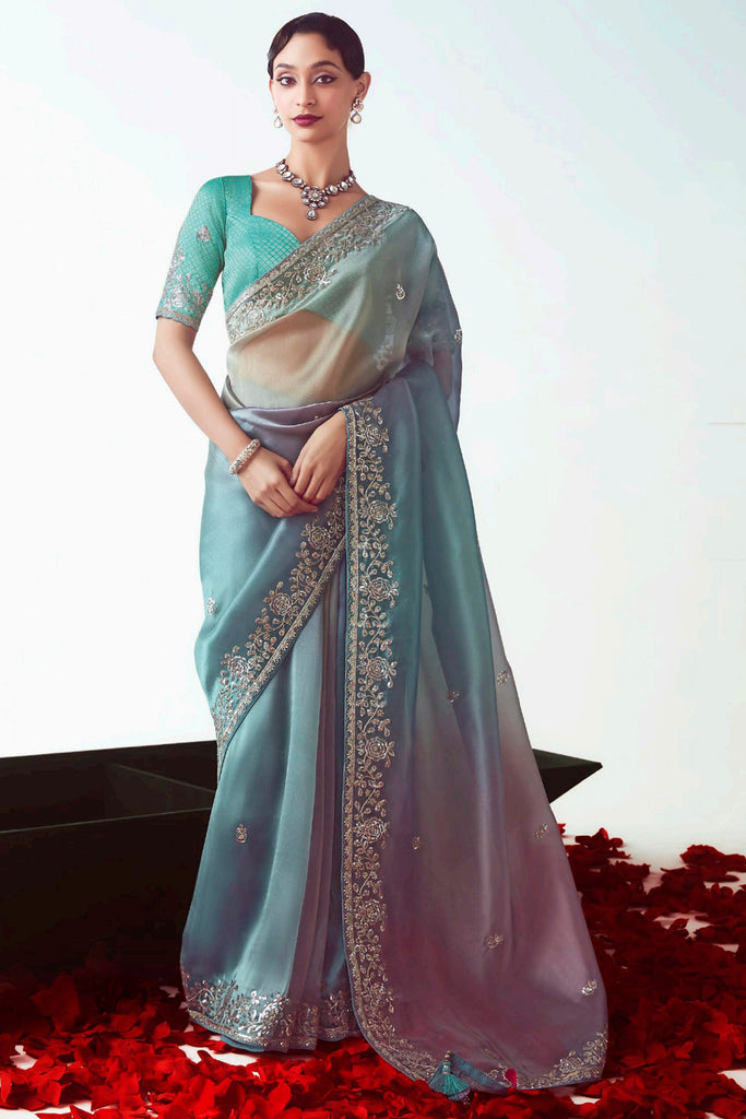 Alluring Light Blue Border Work Organza Engagement Wear Saree