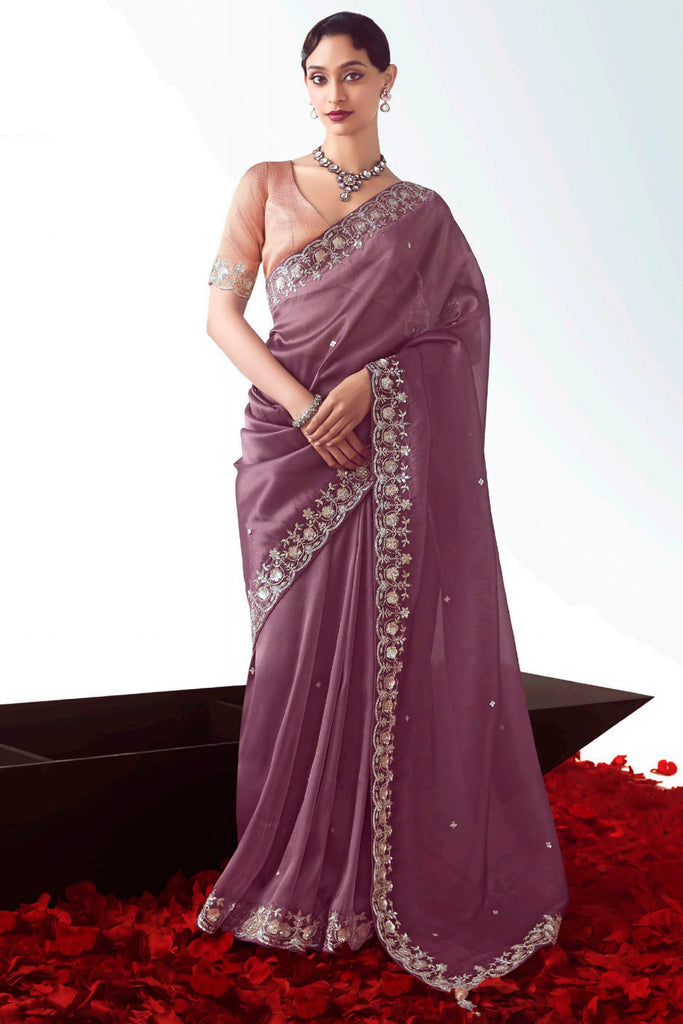 Beautiful Purple Border Work Organza Festival Wear Saree With Blouse