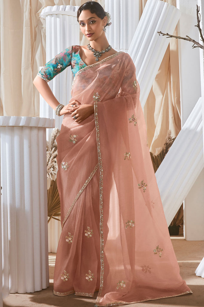 Adorable Peach Sequins Organza Event Wear Saree With Blouse